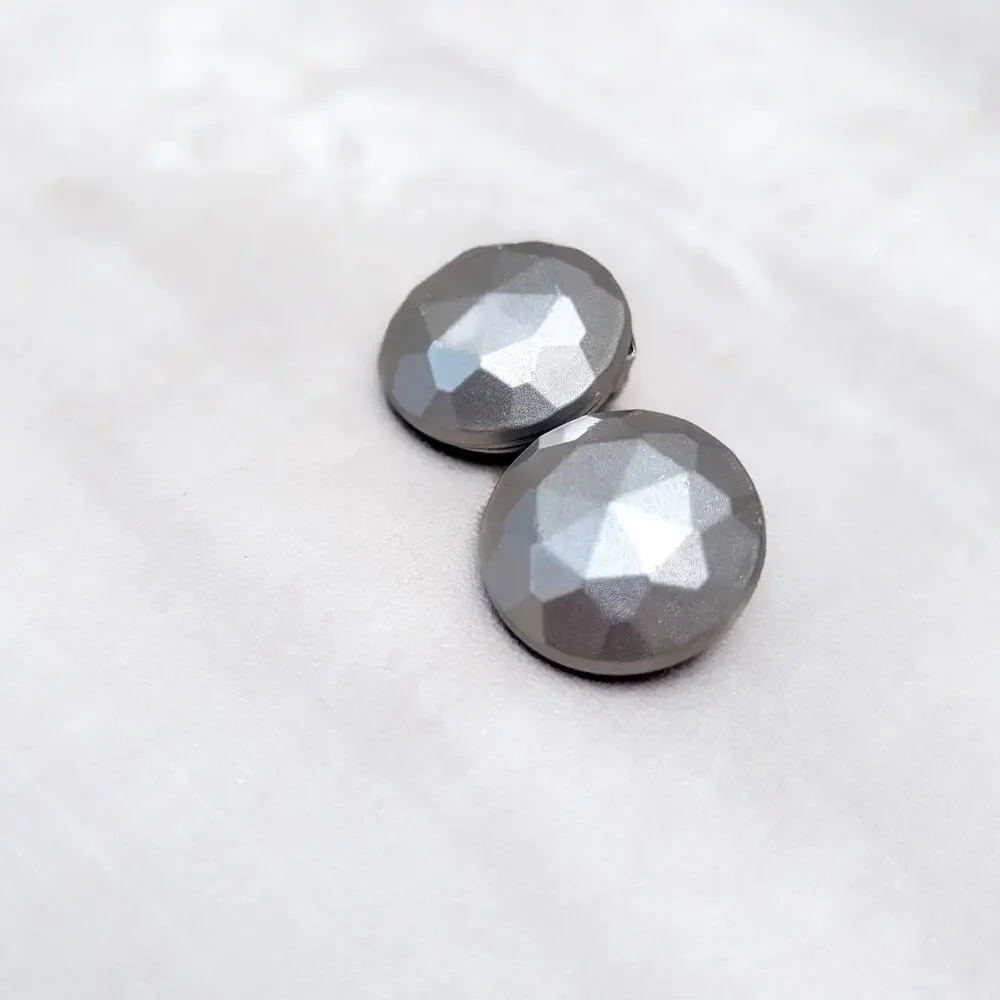 Vintage Clip On Earrings Matte Silver Tone Faceted Domed Circle 7/8